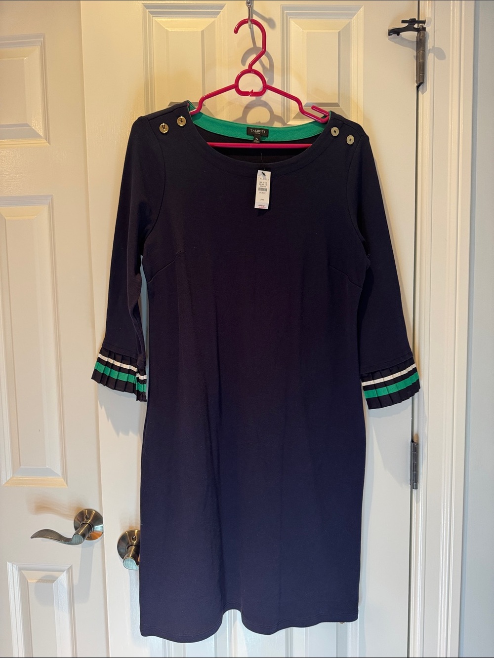 Talbots Navy Shift Dress with Green & White Stripe Cuffs